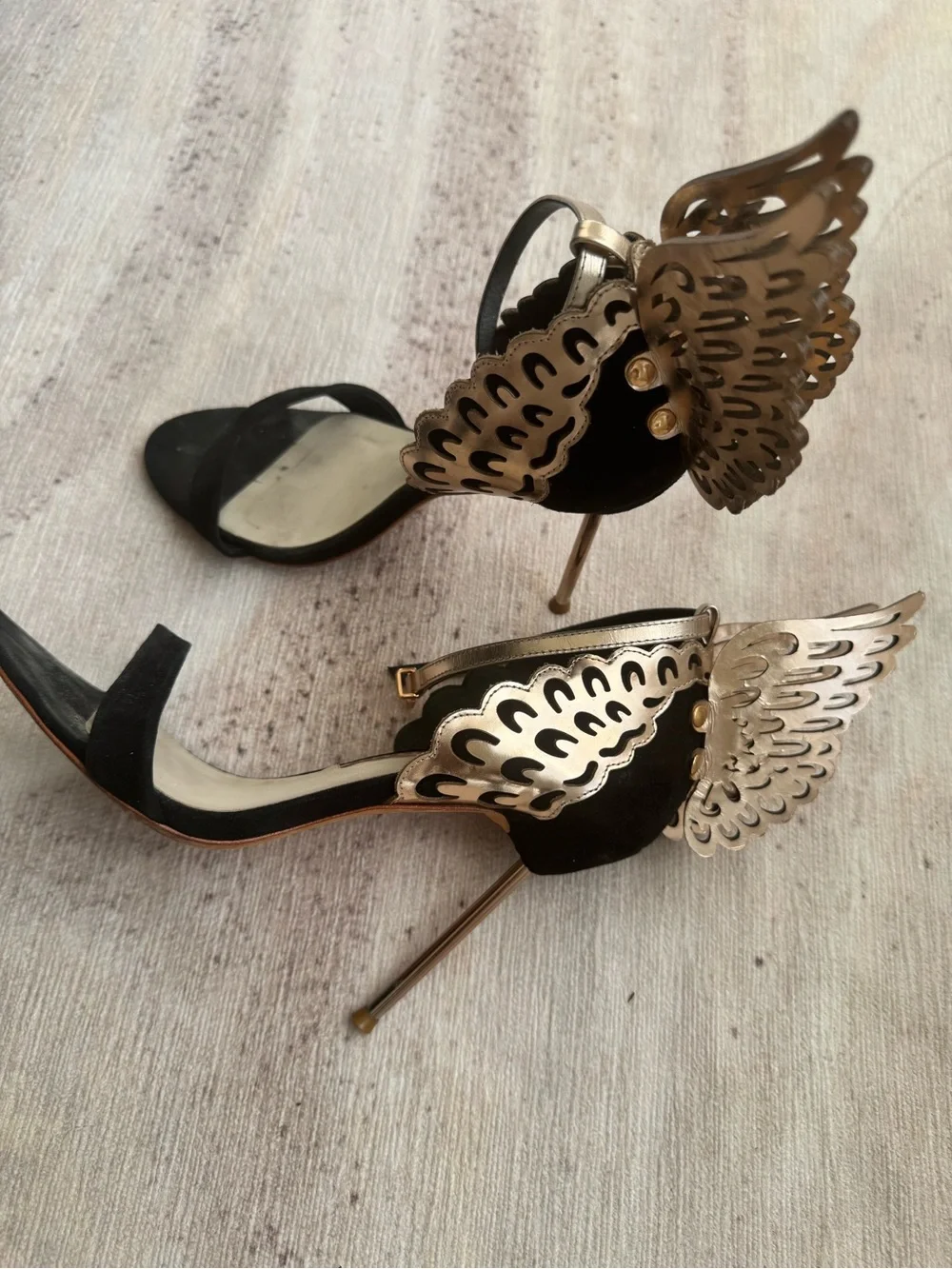 Sophia Webster Black and Rose Gold Wing-Embellished Stiletto Sandals